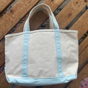 Cream and Blue LL Bean Boat and Tote Medium Bag with Double Straps